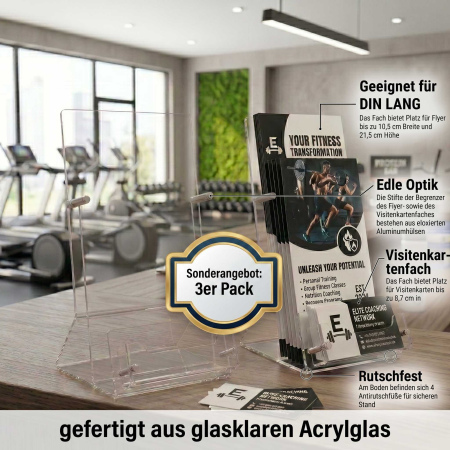 3er Set Acrylglas-Flyerständer DIN LANG mit integriertem Visitenkartenfach