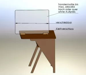 Trennwand aus klaren Acrylglas für Tische verstellbar und Klett-Befestigung