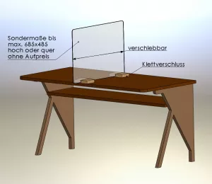 Trennwand aus klaren Acrylglas für Tische verstellbar und Klett-Befestigung