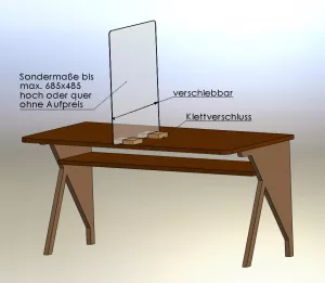 Trennwand aus klaren Acrylglas für Tische verstellbar und mit Klett-Befestigung