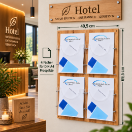 4-Fach DIN A4 Prospektwandhalter mit Rückwand aus Buche Holz