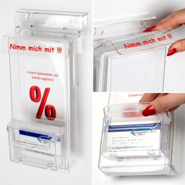 Flyerbox mit Visitenkartenbox und Schriftzug " NIMM MICH MIT "