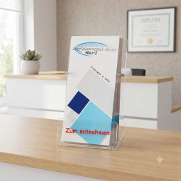 Flyerständer für DIN LANG mit Schriftzug " zum mitnehmen ..."